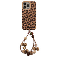 Nouvelle coque de téléphone marron noir imprimé léopard avec cadre kaki pour iPhone 17 16 15 14 Pro Max, avec chaîne de perles et cœurs à franges