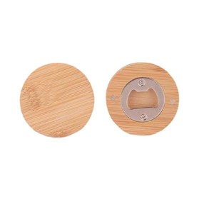 Abridor de Botellas Redondo de Madera, Imán Magnético de Acero Inoxidable para Refrigerador, Color Madera Natural, con Opción de Impresión de Logotipo - Product Image 1
