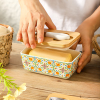 Pot à beurre en céramique avec couvercle en bambou, motif floral bohème, fente intégrée pour couteau, pour comptoir de cuisine