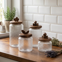 Bocaux en verre borosilicate martelé contemporains de 1000 ml, 800 ml, 580 ml, 350 ml avec couvercles en bois d'acacia pour le stockage alimentaire en cuisine - Étanches à l'air