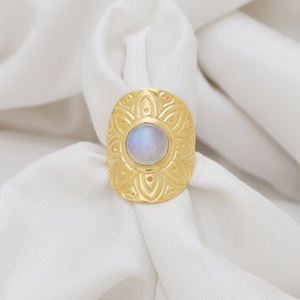 แหวนแมนดาลาเงินสเตอร์ลิงสี925ชุบทอง18K ประดับพลอยมูนสโตนสีรุ้งสำหรับงานแต่งงานและงานเซลวันวาเลนไทน์ - Product Image 2