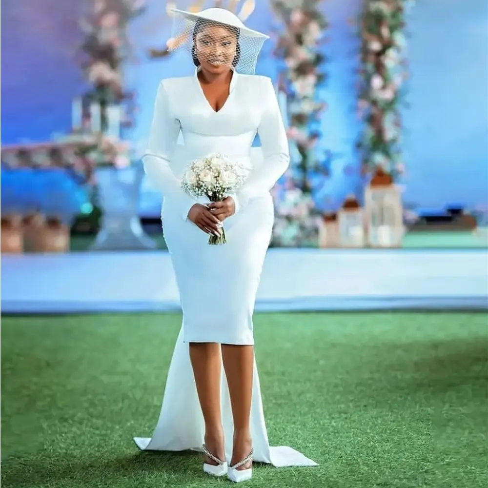 2023 V Neck Long Sleeves Bridal Gown Sheath Knee Length Vestidos De Novia Detachable Train Wedding Dress MW112