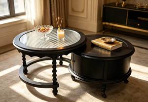 Ensemble de tables basses gigognes noires avec plateau en verre cannelé et tiroir de rangement, style ferme, pour salon - Product Image 3