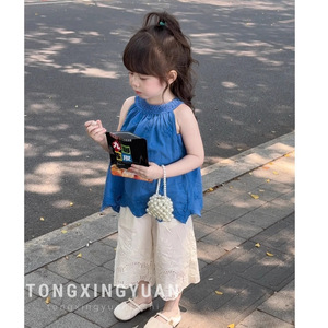Girls Summer Outfit Set Lace Pants Hollow-Out Halter Top Cotton Casual Wear For Kids - Product Image 2