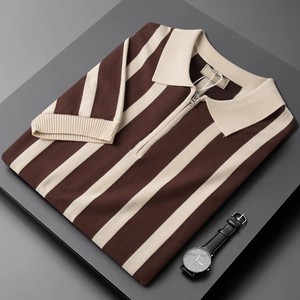 Maglietta a Righe Personalizzata con Mezza Zip per Uomo, T-shirt a <span class=keywords><strong>Maniche</strong></span> Corte in Maglia, Top Casual a Mezza Manica - Product Image 1