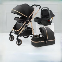 Poussette bébé noire de luxe 3-en-1 de haute qualité, nouveau design compact en alliage, landau en lin 2-en-1 avec fonction voiture, vente en gros
