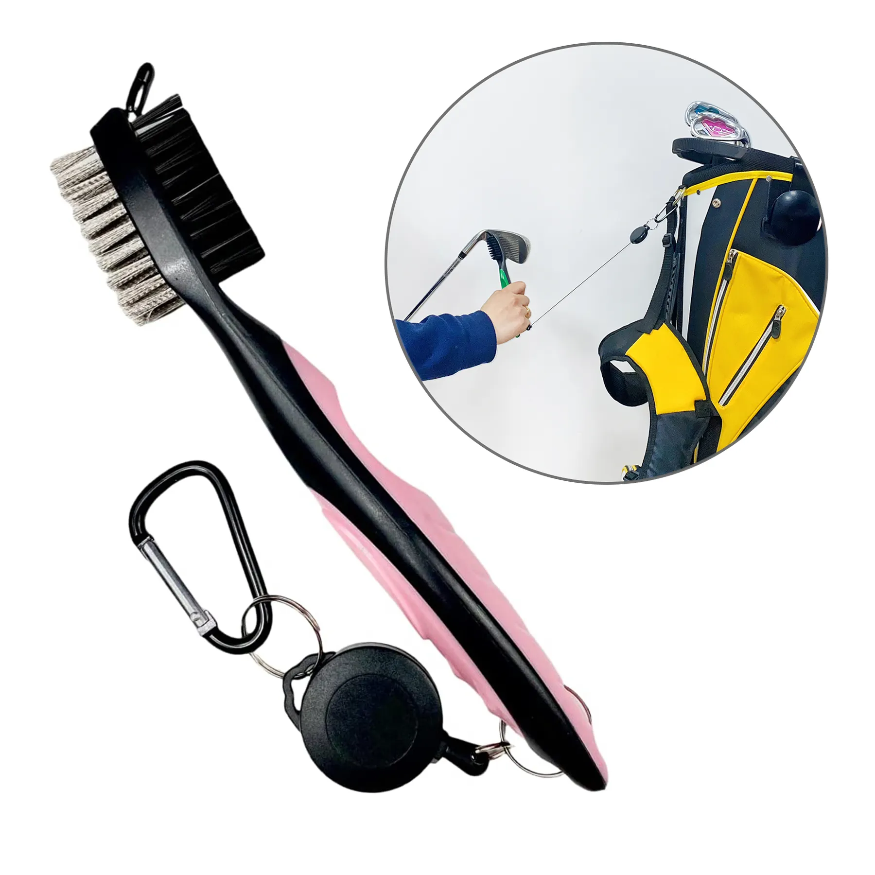 Lightweight golf club groove cleaning brush golf cleaner with 2 Ft retractable zip-line aluminum carabiner