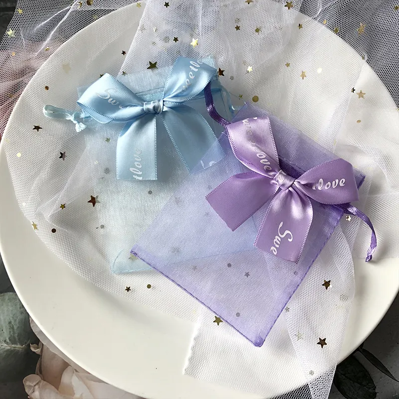 Großhandel Hochzeits bevorzugung Bogen Organza Beutel Werbe geschenk Kordel zug Tasche Benutzer definierte Organza Tasche