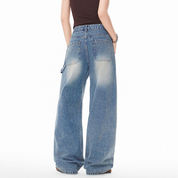 Pantalon en jean bleu délavé style couteau courbé pour homme, coupe droite ample et polyvalente, style streetwear tendance, jambe large