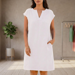 Women's 100% Linen V-Neck <b>Shift</b> <b>Dress</b> Casual Loose Fit <b>Summer</b> Sleeveless Tunic <b>Dress</b> with Pockets - Product Image 2