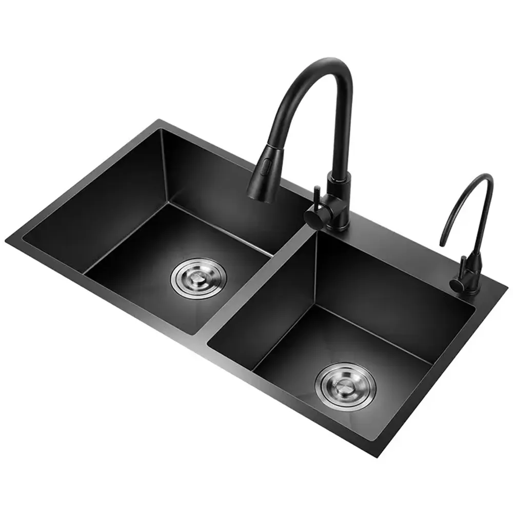 Tamanho personalizado Multifuncional Handmade Tigela Dupla Preto Nano 304 Aço Inoxidável Kitchen Sink para Casa