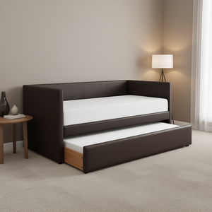 Divano letto contemporaneo imbottito in similpelle marrone con letto estraibile in legno, 1 pezzo, per arredamento soggiorno - Product Image 2
