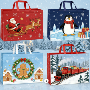 Borse Natalizie in Carta Kraft Riciclabile con Manici Intrecciati, Stampa Digitale con Simpatici Disegni di Pupazzo di Neve/Orso/Babbo Natale, Confezione Regalo <span class=keywords><strong>DEDE</strong></span> - Product Image 1