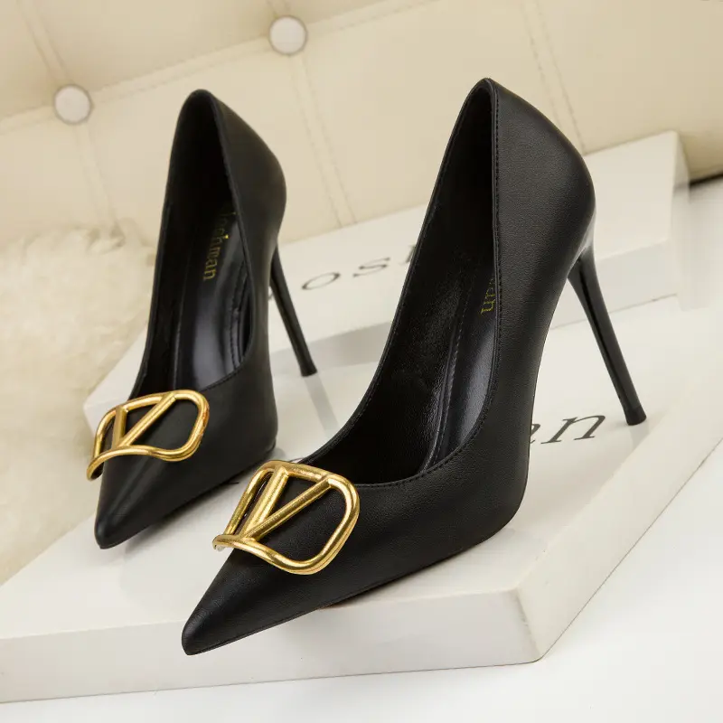 Pointy metal V square button stilettos high heel office shoes for women new styles heels