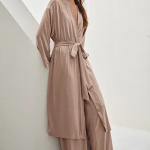 Drop Shoulder Viscose From Bamboo Bath Robe Open Front Belted Lounge Pants Custom Long Robes Femme Women