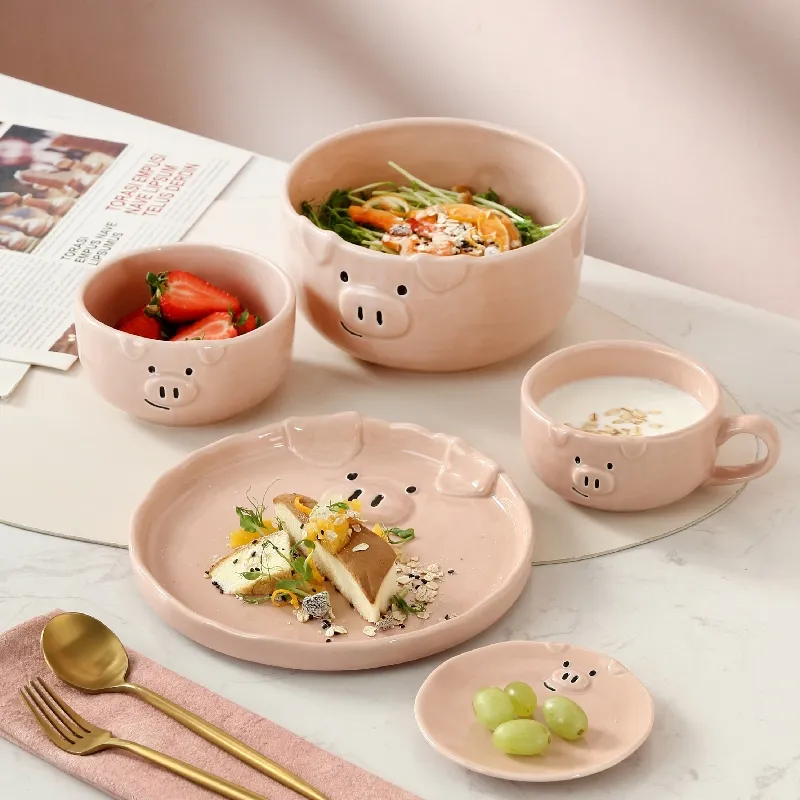 Idee per nuovi prodotti 2022 set da tavola stoviglie piatti da 8 pollici porcellana rosa maiale ciotola e piatto in ceramica