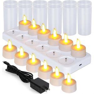 Set 12 Remote Control USB Flickering 3D Bullet Flameless Rechargeable LED Candle Tealight Charging Base White Cup Diwali - Product Image 1