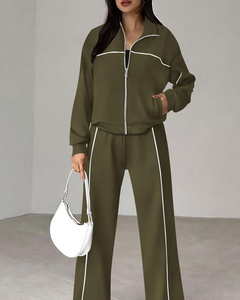 Conjunto Deportivo Informal para Mujer, Chaqueta <span class=keywords><strong>con</strong></span> Cremallera de Manga Larga, Pantalones Anchos de Pierna, Dos Piezas, <span class=keywords><strong>Traje</strong></span> Deportivo Holgado de Color Sólido para Uso Diario - Product Image 4