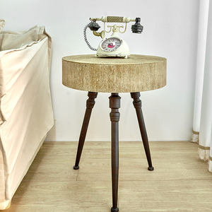 Meubles de salon, nouvelle table basse ronde rustique, petite, en bois sculpté, plateau en métal, base en fer, décorative, durable, facile à assembler - Product Image 2