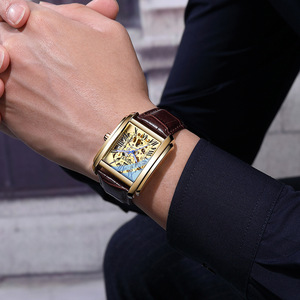 Reloj totalmente automático de moda con banda de cuero CHENXI, Reloj mecánico hueco cuadrado para hombre, Reloj de pulsera de lujo dorado de negocios, Reloj - Product Image 5