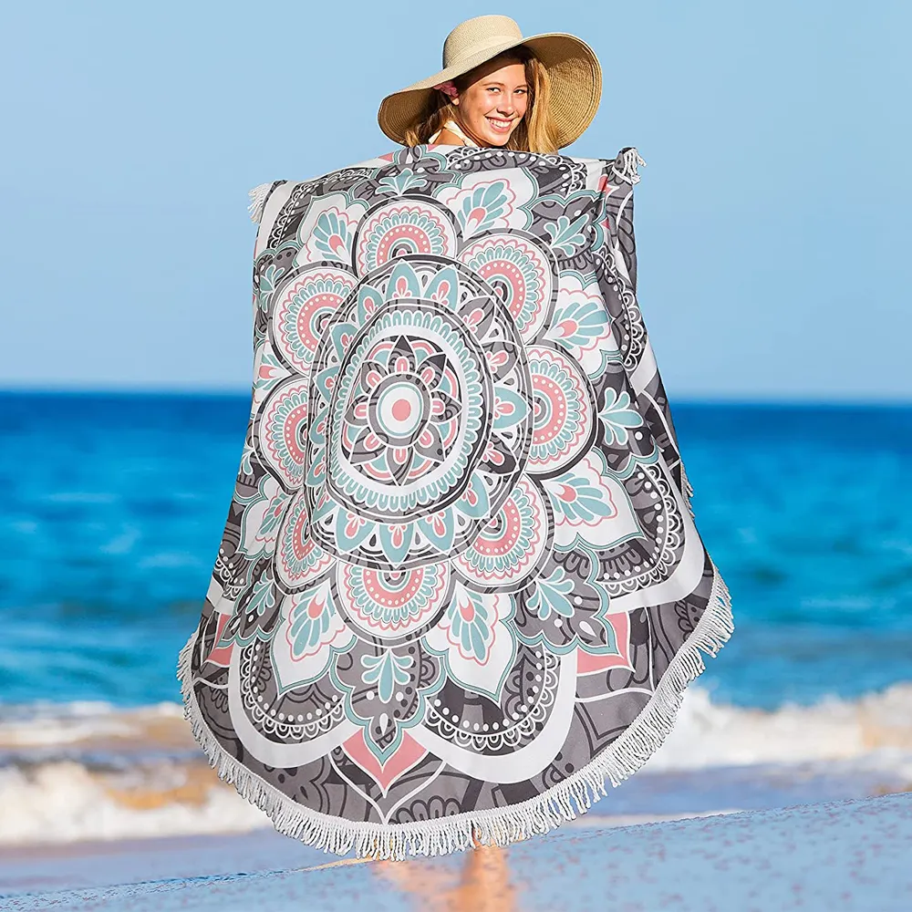 Toalha de praia de qualidade superior grande toalha de praia redonda com franja impressão verão hera pronto design ou design personalizado areia livre