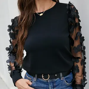 2021 Black Mesh Lantern Sleeve Fashion Blouses & Shirts Top Puff for Womens Elegant Ladies Blouse