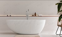 Baignoire autoportante en acrylique moderne à parois cannelées, finition brillante, pour bain profond et confortable, idéale pour villa, avec drain inclus, écologique