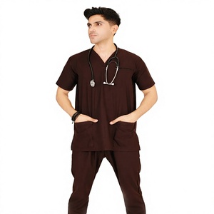 Conjunto de uniforme médico azul para hombre, de algodón y poliéster tejido, para hospital, con detección de agujas, pantalones y camisa sin costuras, marca personalizada - Product Image 1