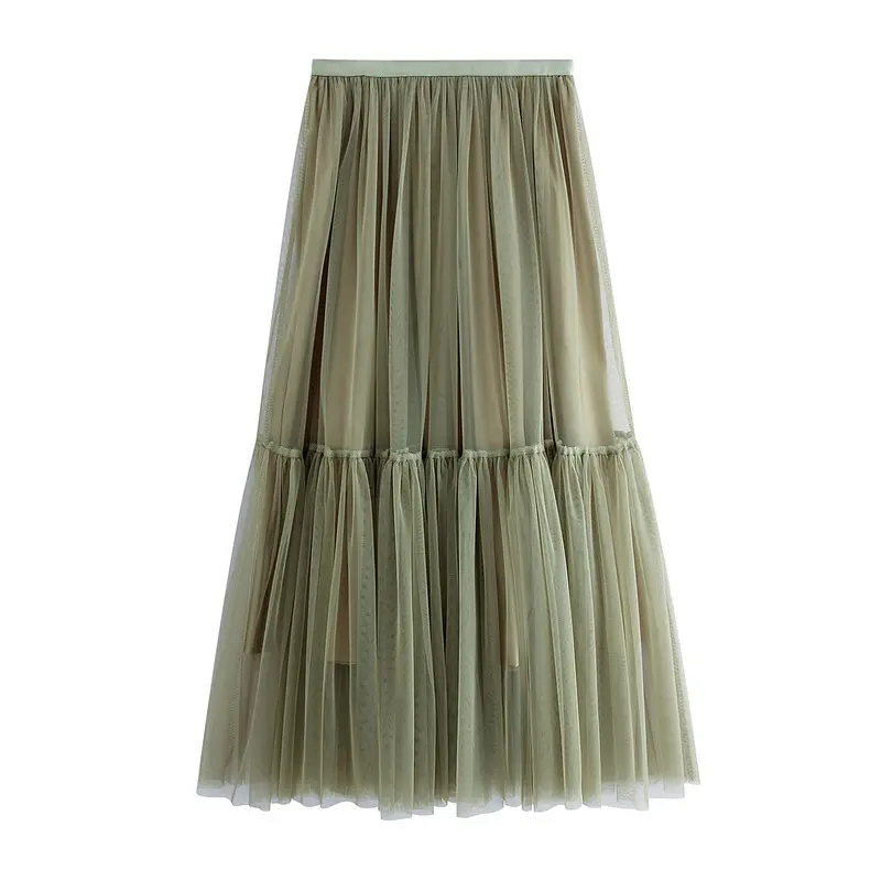 2024 new mid-length pettiskirt women's spring/summer high waist stitching pleated mesh skirt large swing skirt