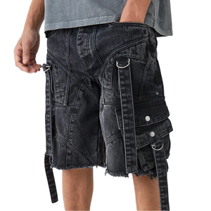 Shorts de mezclilla cargo con lavado ácido y múltiples bolsillos para hombre, estilo urbano, con dobladillo sin rematar y detalles de tirantes ajustables, venta al por mayor OEM B2B - Product Image 1