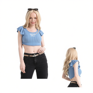 Top corto de punto a rayas azules para mujer, manga con volantes, cuello redondo, manga corta, ropa informal para primavera y verano - Product Image 1