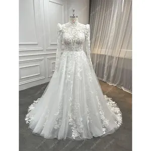 Modest Long Sleeves High Neck Sequin Floral Leaf Lace Muslim Wedding Dresses Elegant Women A Line Sheer Corset Ivory Tulle Gown