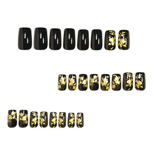 24 Stück Chinesischer Stil Schwarze Glänzende Elegante Vorgefertigte Künstliche Fingernägel mit Goldenem Blätterdesign Quadratische Aufdrück-Fingernägel - Product Image 4