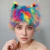 Chapeau d'hiver en fourrure de renard avec oreilles de chat colorées en forme d'animal mignon et moelleux pour femmes et dames