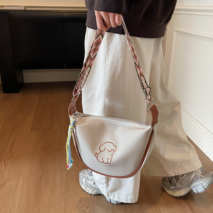 Brown Genuine Leather Crossbody <strong>Bag</strong> For Women Cute Puppy Print, Adjustable Strap, Classic Everyday Purse - Product Image 1