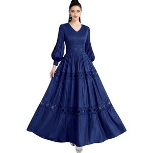 9930 #   Elegante Abito Lungo da Donna con Scollo a V, Tinta Unita, Maniche Lunghe Plissettate e Decorazioni in Pizzo Traforato <span class=keywords><strong>per</strong></span> Primavera, Estate e Autunno - Product Image 5