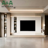 Meuble TV mural de luxe sur mesure avec vitrine en verre fumé, panneau latéral cannelé, console flottante et éclairage LED encastré