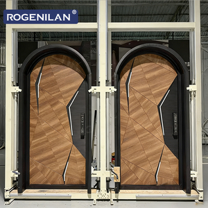 Porte d'entrée arquée en aluminium Rogenilan avec bande lumineuse latérale 3D, grain <span class=keywords><strong>de</strong></span> bois, porte battante <span class=keywords><strong>de</strong></span> sécurité, portes principales avec serrure intelligente - Product Image 1