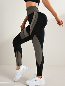 Pantalones de <span class=keywords><strong>Yoga</strong></span> de cintura alta <span class=keywords><strong>para</strong></span> <span class=keywords><strong>mujer</strong></span>, mallas deportivas transpirables sin costuras con bloques de colores, rayas negras largas ajustadas sólidas - Product Image 5