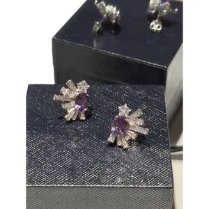 Custom 5.61g Oval 6*8 Amethyst Earrings with Genuine 925 Silver Claw Setting Inlay Technology