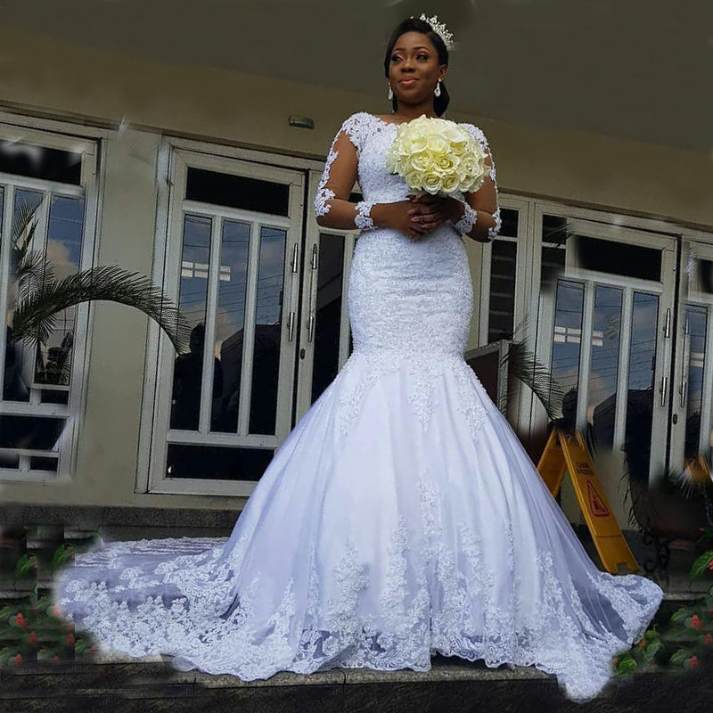 Vente en gros de robes de mariage africaines à manches longues personnalisées, robe de mariée sirène en dentelle blanche