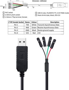 Cable USB A a Dupont de 4 Pines con Paso de 0.1'', TTL 3.3V 5V UART, Personalizable con FTDI FT232RL, para Router, GPS, Descarga y Depuración - Product Image 1
