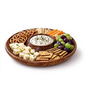 Plateau de service rond en bois avec bol à sauce, plateau de fête pour fromages, craquelins, fruits et noix, design minimaliste, bois d'acacia durable - Product Image 1