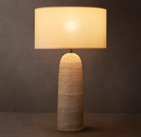 Lampe de table en marbre Emperador naturel de style transitionnel, abat-jour en lin neutre pour chambre à coucher, hôtel, villa, console