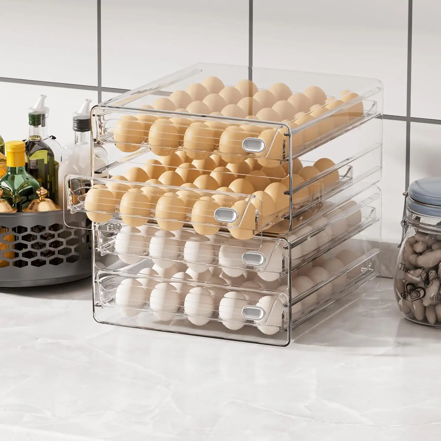 時間スケール付きの大きな透明な積み重ね可能な卵収納ホルダープラスチック冷蔵庫卵容器卵トレイ