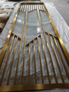 Homedeco Customized Art Deco Metal Stainless Steel Room Divider <strong>Screen</strong> Partition 2 Fans 3 Leaves Glass Technics Frame Structure - Product Image 5