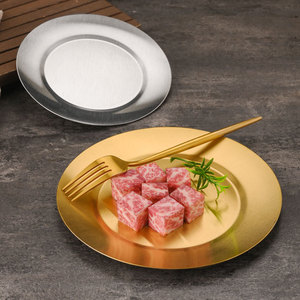 Plateau rond plat en acier inoxydable couleur or argent, plat peu profond pour les repas d'hôtel, les plateaux de service pour le café et le thé - Product Image 1