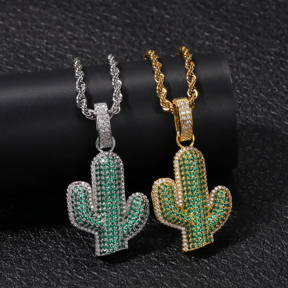 Chegada nova moda completa broca zircão pingente de diamante colares verde natural da planta Cactus hip hop rap rocha pingente homens jóias