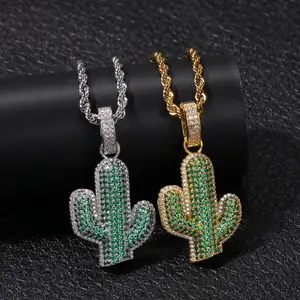 Chegada nova moda completa broca zircão pingente de diamante colares verde natural da planta Cactus hip hop rap rocha pingente homens jóias