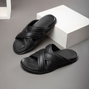 Sandales noires en cuir véritable à brides croisées, style classique, à bout ouvert, tongs d'été avec semelle antidérapante en EVA - Product Image 5